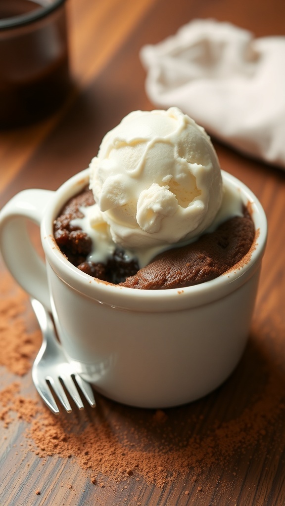 Chocolate Mug Cake Recipe A delicious chocolate mug cake in a white mug with melting ice cream on top, on a rustic wooden table.